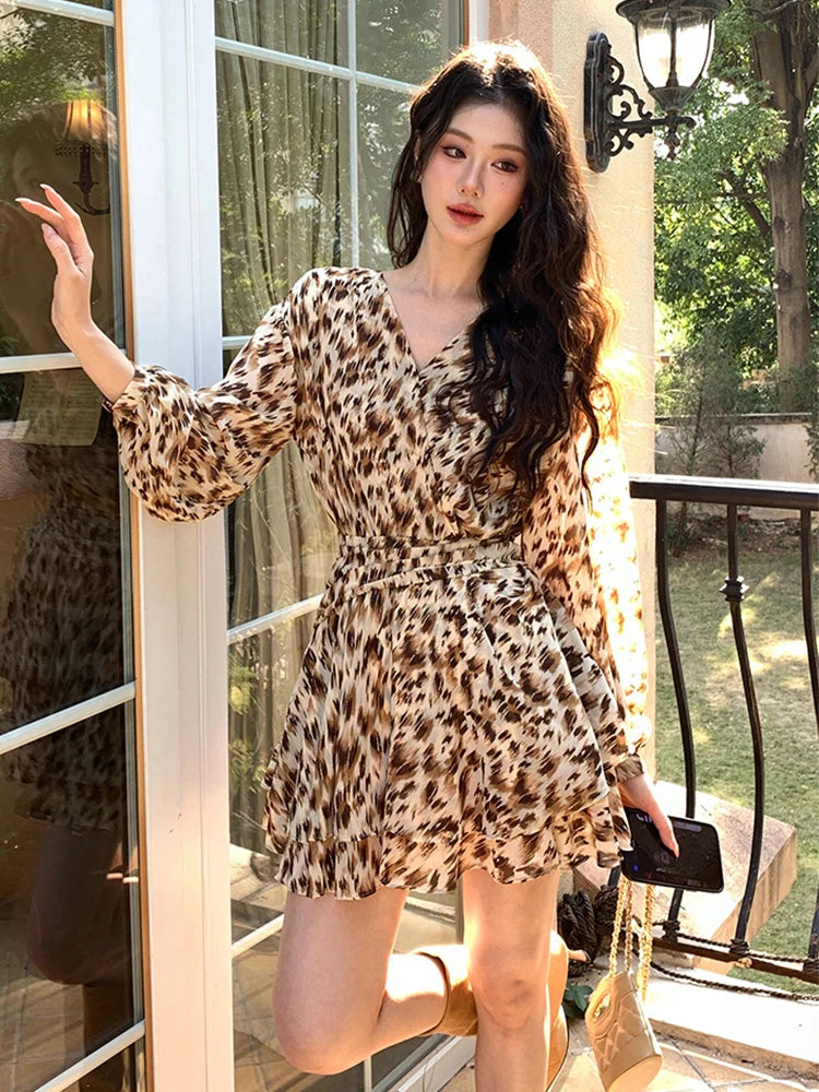Vintage Sweet Leopard Print Holiday Dress For Women Retro Casual