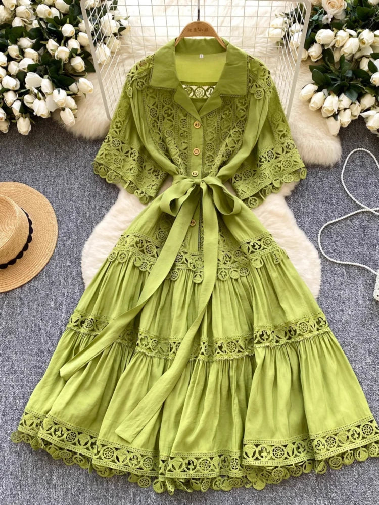 Green Lace Belted Midi Dress With Buttons