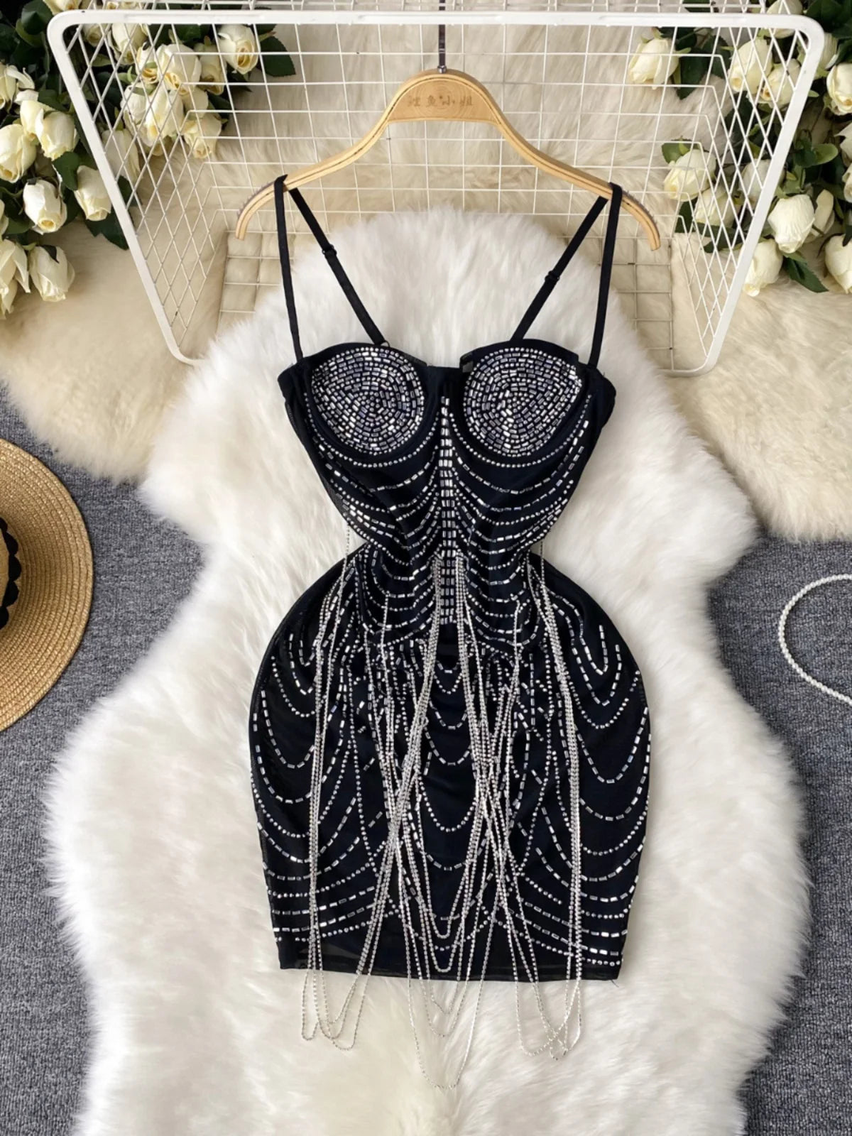 black dress rhinestone straps Luxurious Sweetheart Neck Rhinestone Black Long Prom Dresses, Spaghetti  Straps Black Formal Dresses, Black Evening Dresses main image 1