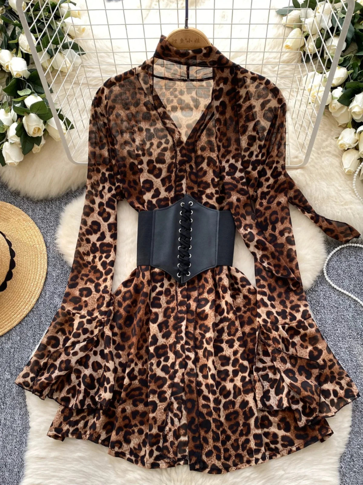 Leopard Print Chiffon Dress with Corset Belt
