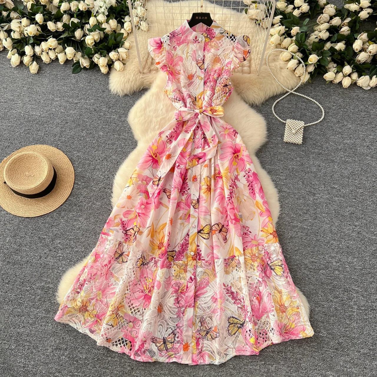 Floral Chiffon Dress Belted With Butterfly Print on Luulla