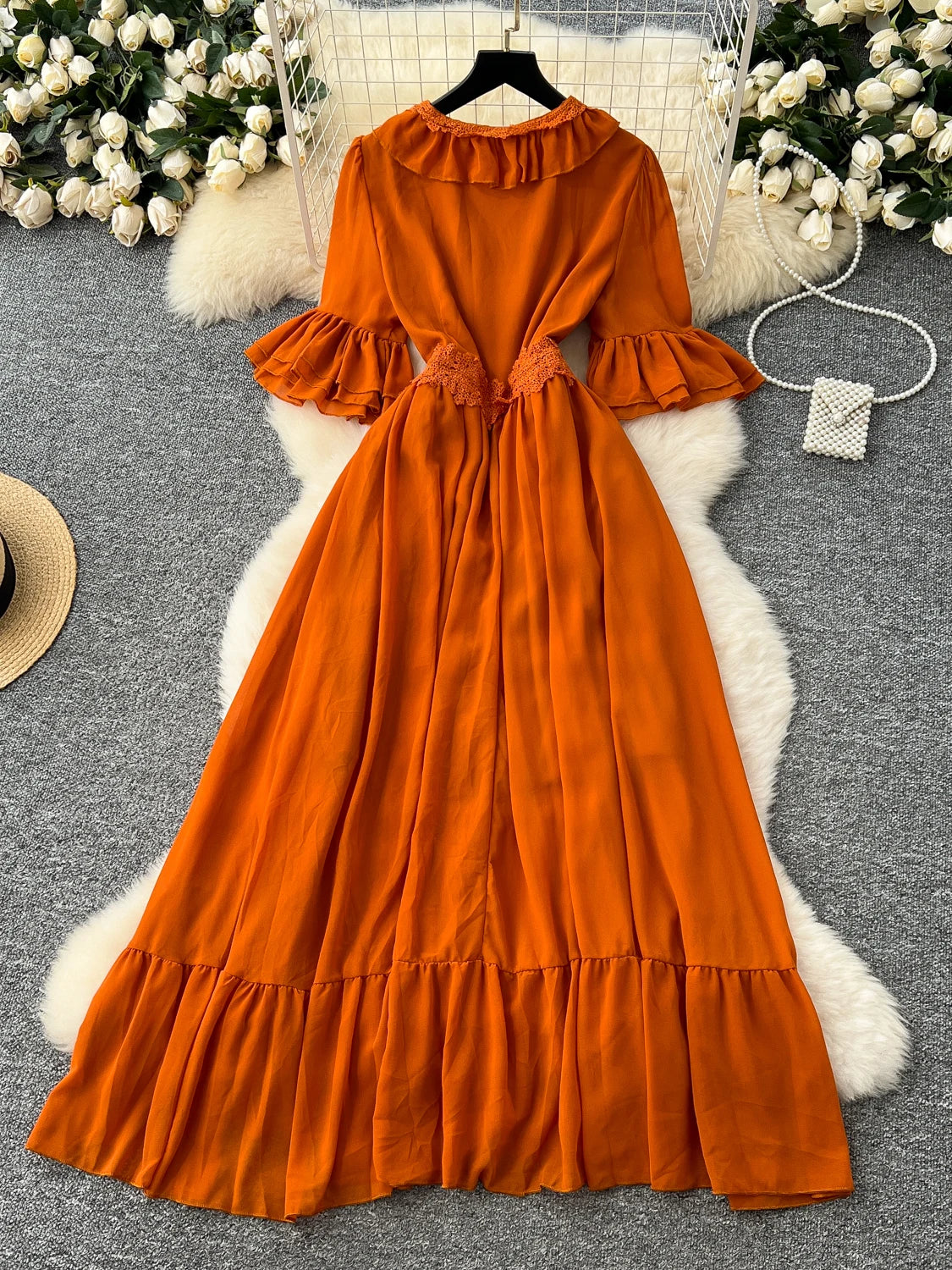 frilly orange dress 'Pixie' Flame Orange Ruffle Maxi Dress