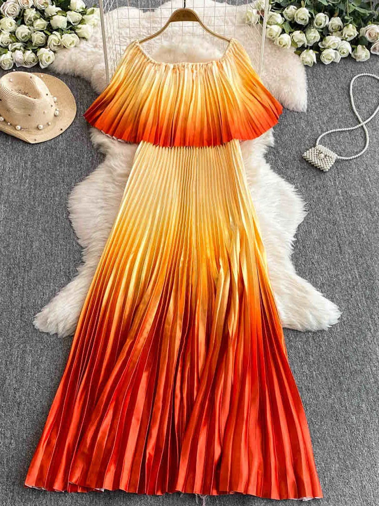 chinese dress ladies Fashionable Backless Tie Elegant Gradient Pleated Maxi Dress main image 0
