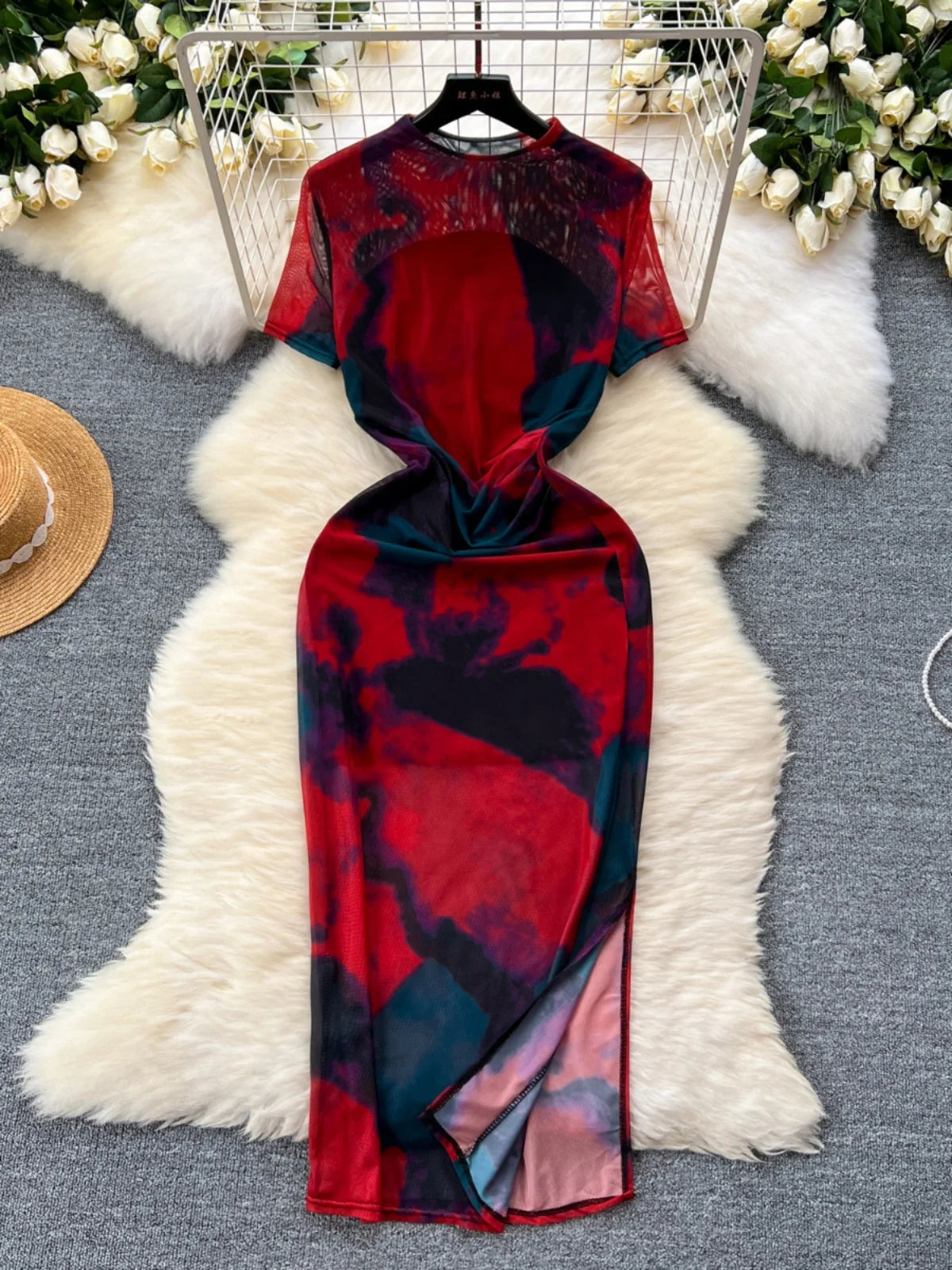 tie dye maxi dress short sleeve Vibrant Red Tie-dye Short Sleeve Maxi Dress