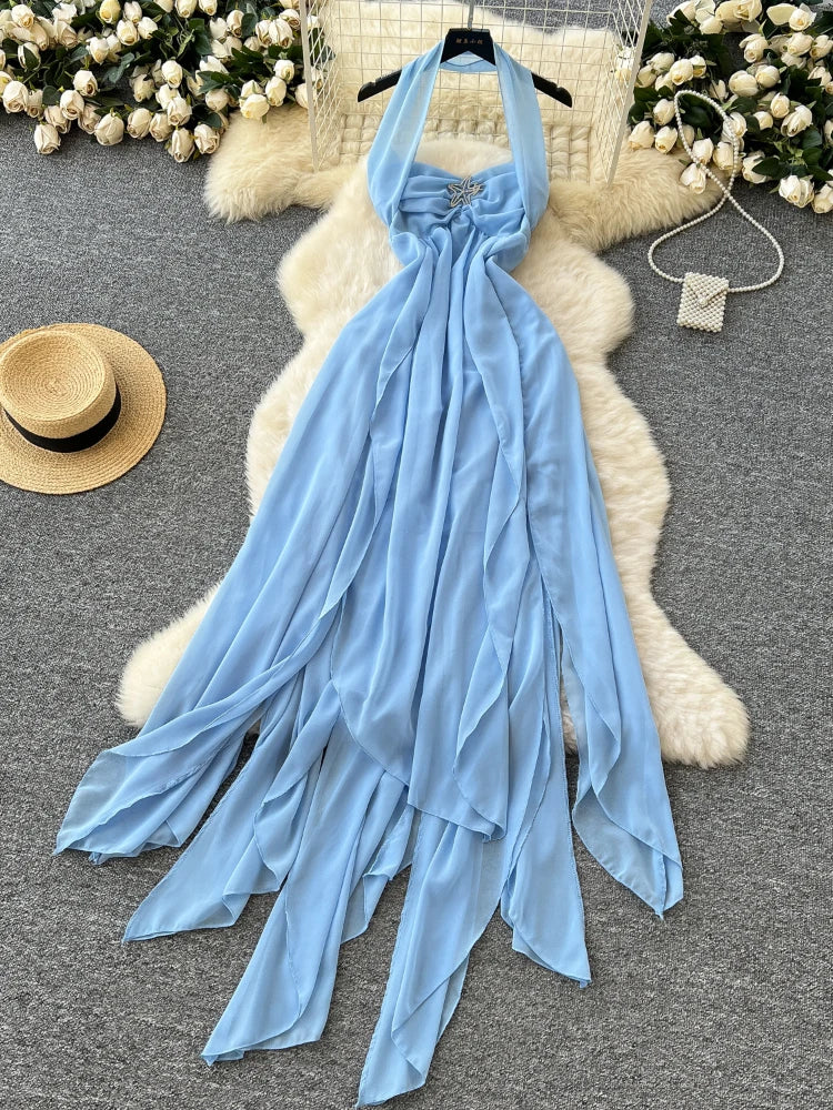 halter neck chiffon maxi dress Malakhai Chiffon Halter Maxi Dress / Pastel Green | MESHKI