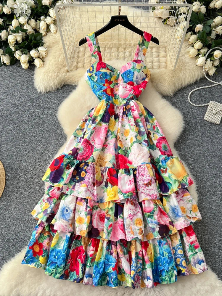 Floral Multi-tiered Colorful Ruffle Summer Dress