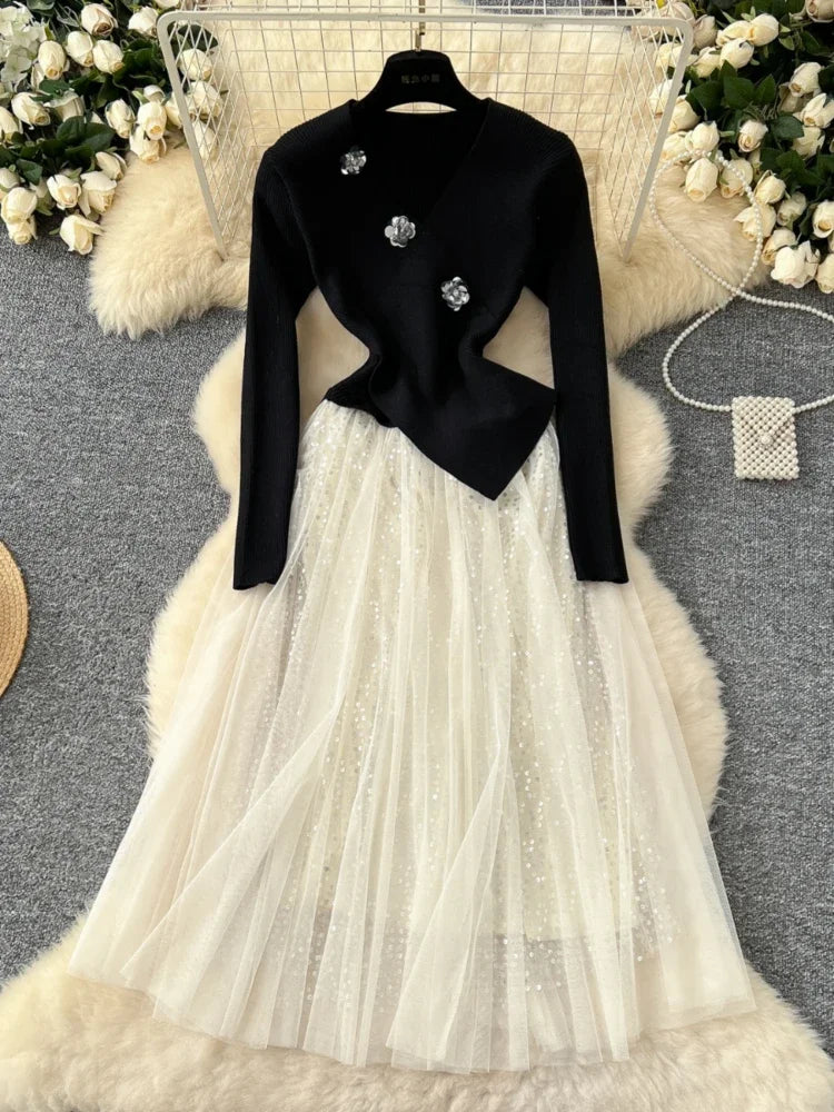 flared sleeve knit dress Feeling Fine Crochet Knit Bell-Sleeve Mini Dress Natural / M main image 1