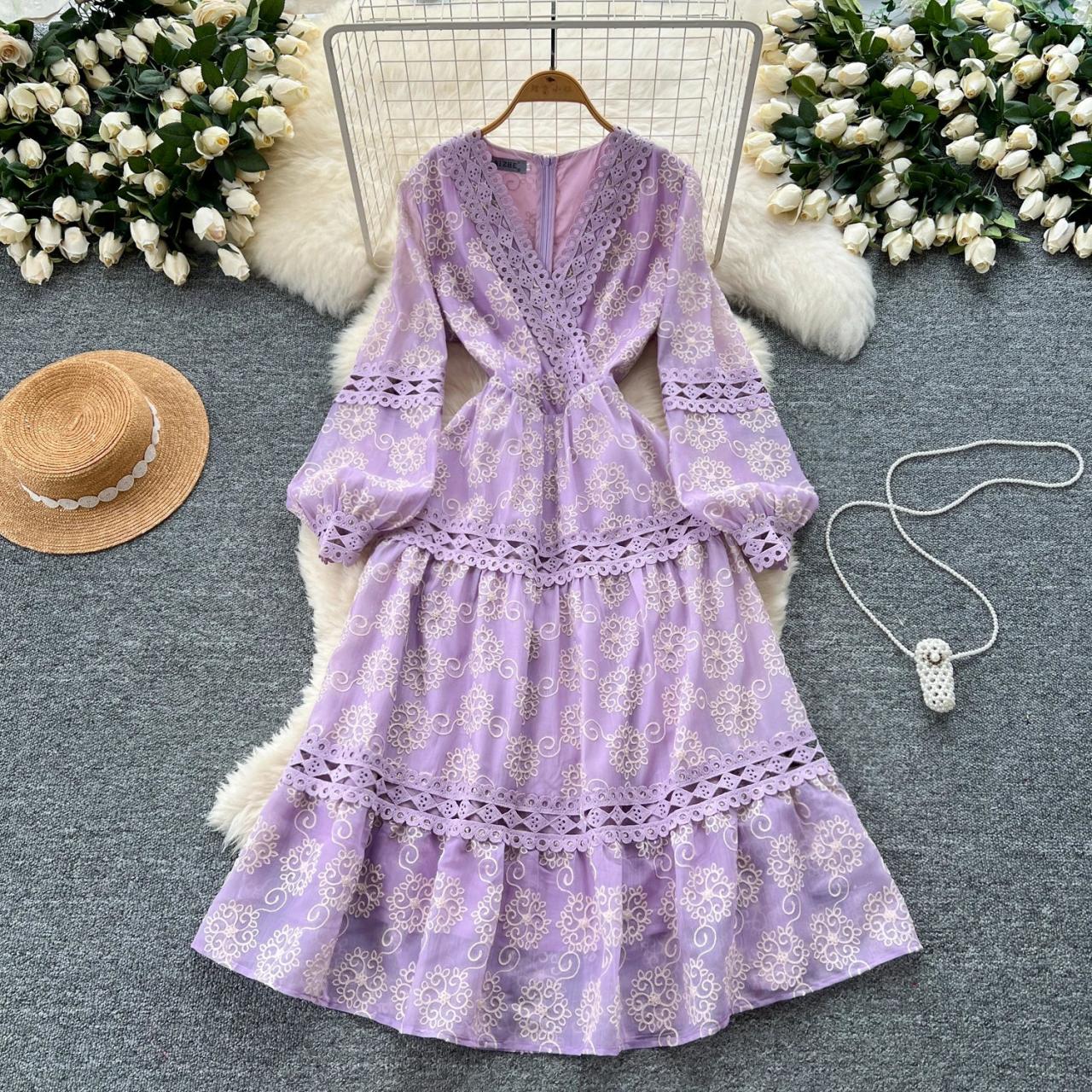 Lavender Lace Long Sleeve Floral Maxi Dress