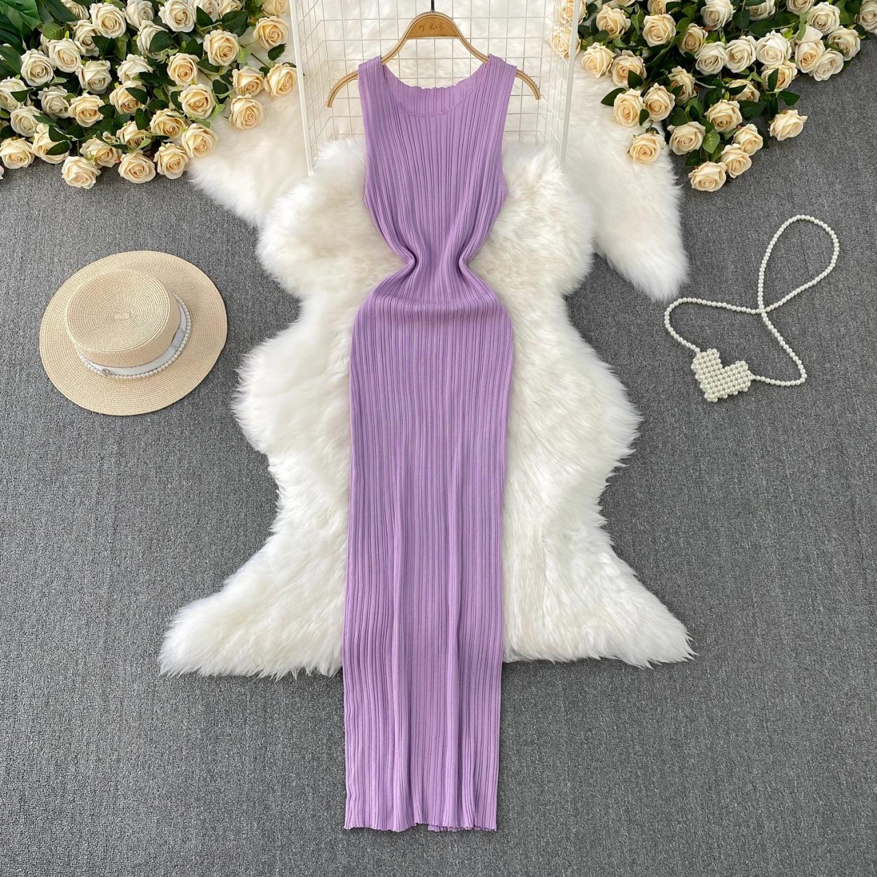 Sleeveless Lavender Ribbed Maxi Dress For Summer