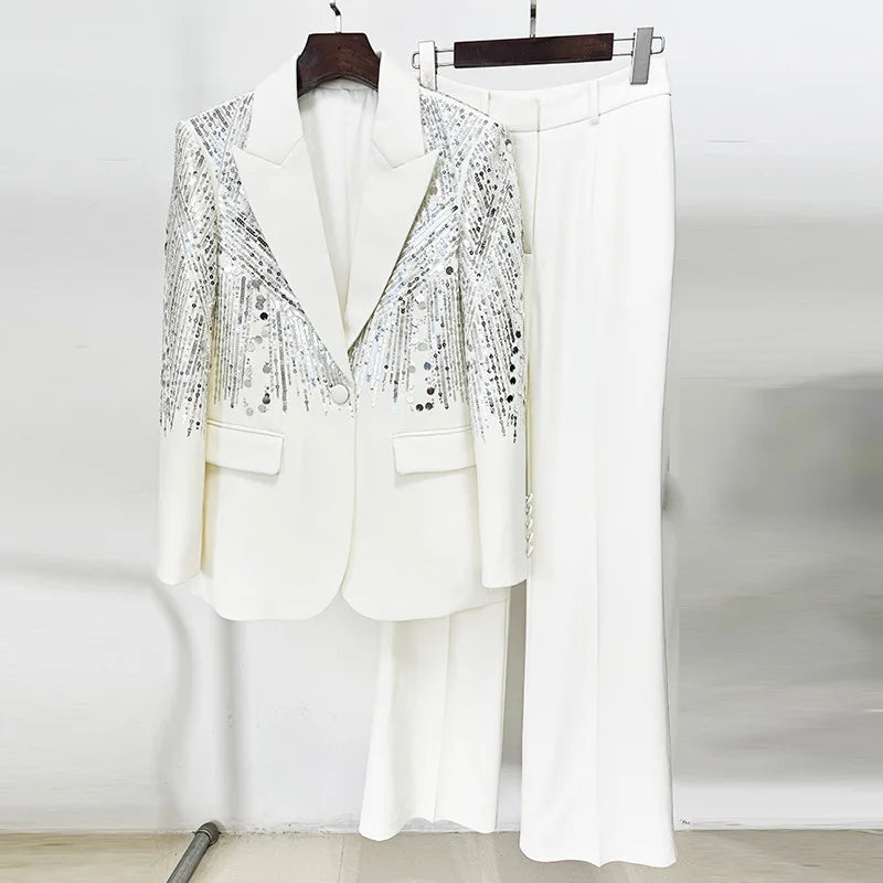 Sequin Embellished Womens White Blazer Pant Suit