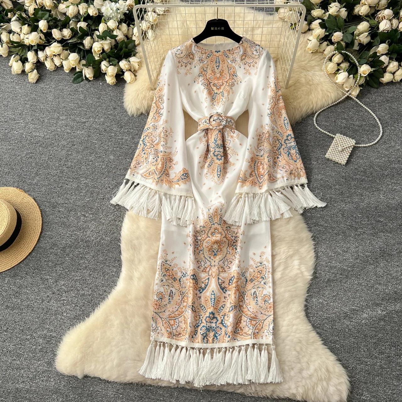 Bohemian Fringe Floral Dress With Bell Sleeves on Luulla