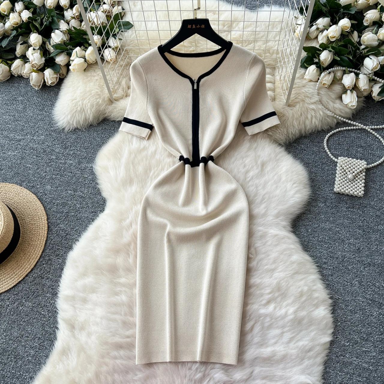 zip front knit dress Zipper Detail Long Sleeve Sweater High Neck, Zakia Mini Dress in Brown, Size XS,