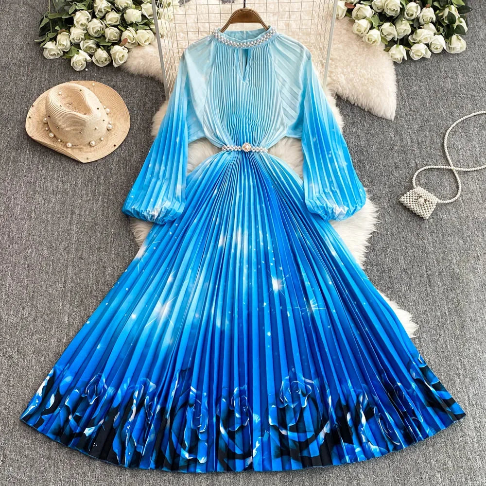 Blue Floral Pleated Long-sleeve Maxi Dress