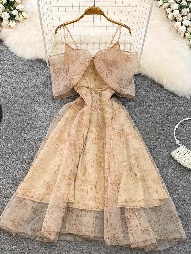 Floral Layered Sheer Overlay Spaghetti Strap Dress