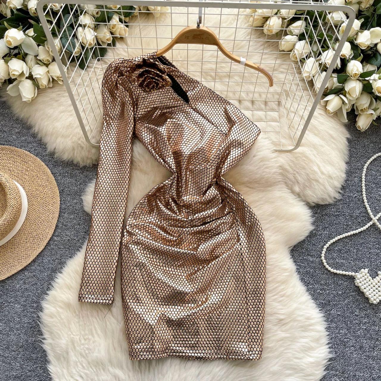 gold chain mesh dress Yellow Floral Swiss Dot Chiffon One Shoulder Mini Dress – The Prissy Pelican main image 0