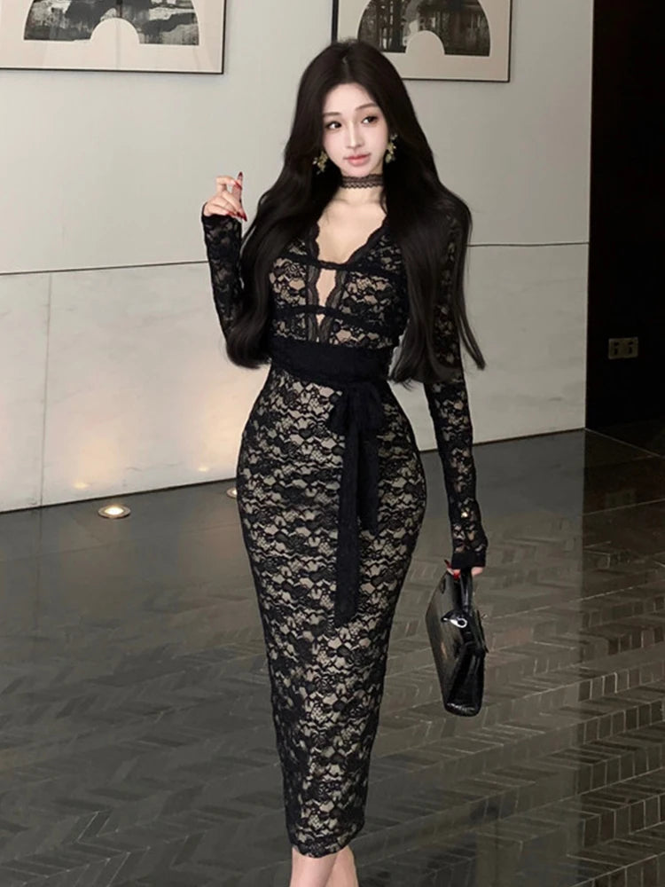 Black Lace Long Sleeve Bodycon Evening Dress