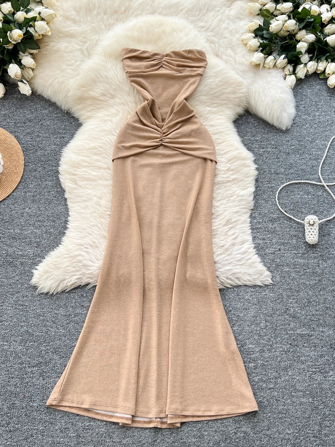 Strapless Beige Knit Maxi Dress With Twist