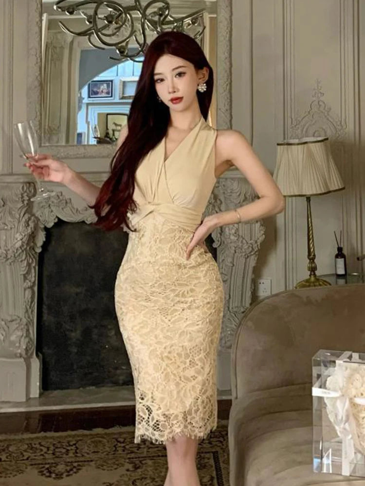 beige cocktail dress sleeveless Beige Mock Neck Lace Tie Mini Dress & Reviews - Beige - Dresses