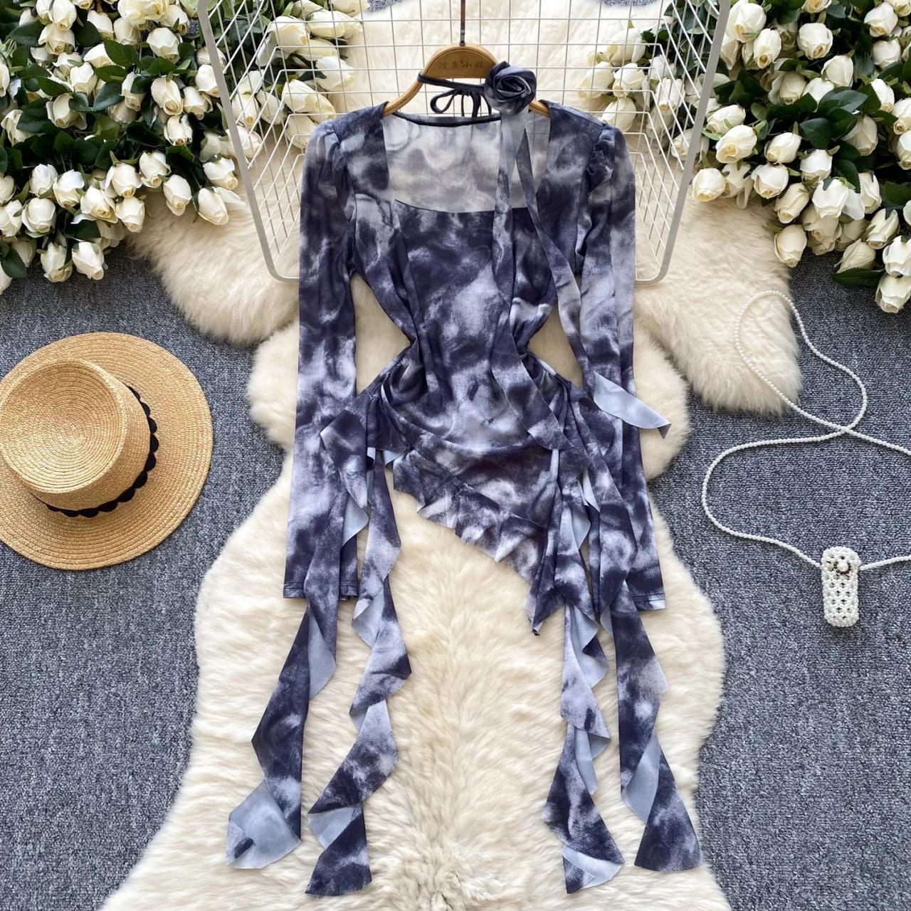 Tie-Dye Long Sleeve Asymmetrical Dress with Ruffles
