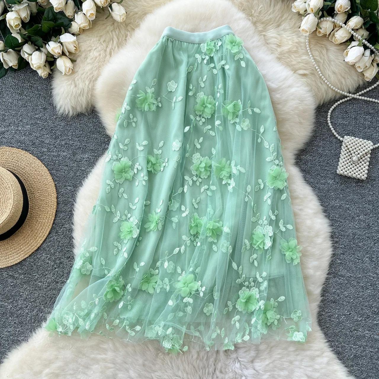 Floral Embroidered Mesh Maxi Skirt, Pastel Green
