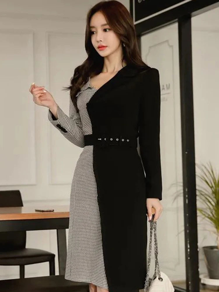 Two-tone Long Sleeve Houndstooth Contrast Dress