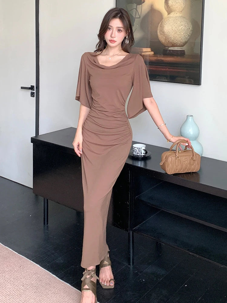 chinese dress ladies Asymmetric Draped Cape Sleeve Dress in Black
