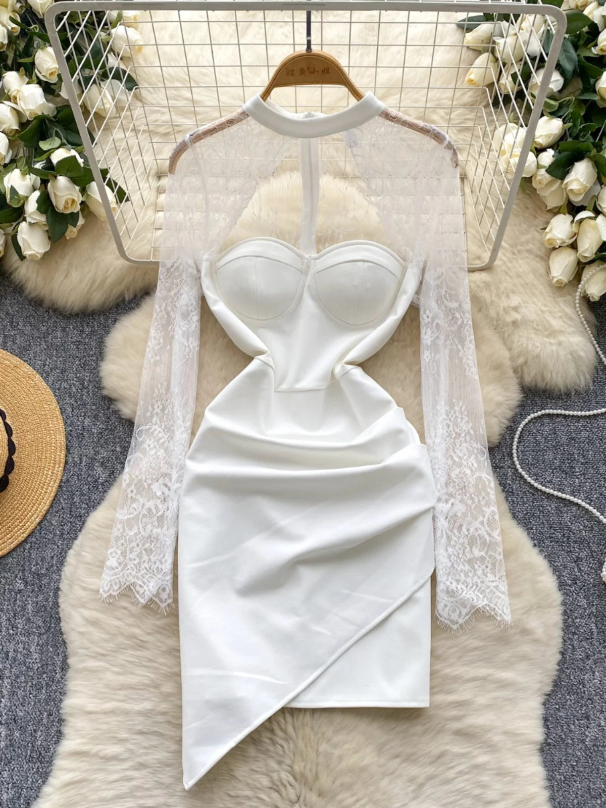 Lace Long-sleeve Bodycon Dress With Sheer Panels
