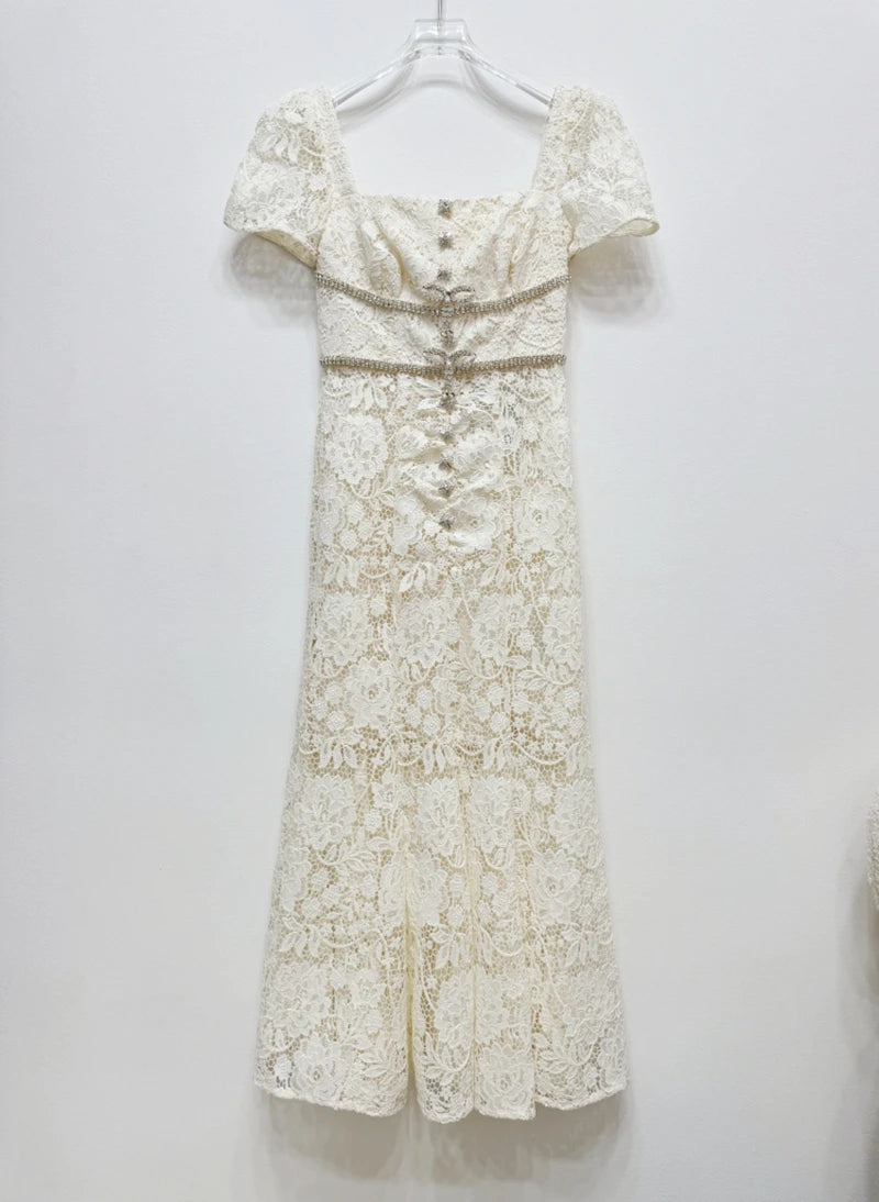 Vintage-inspired Ivory Lace Midi Dress