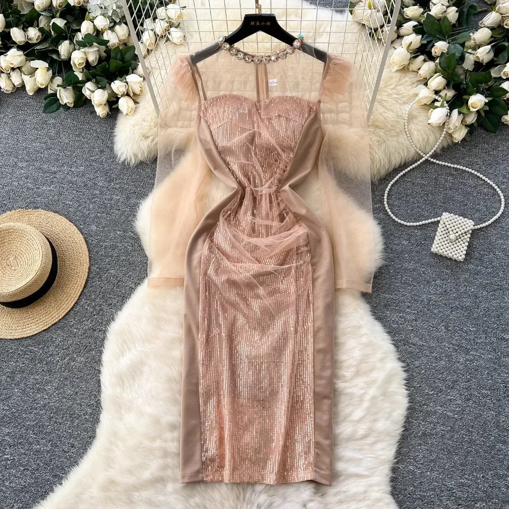 Sequin Mesh Dress With Puff Sleeves Overlay