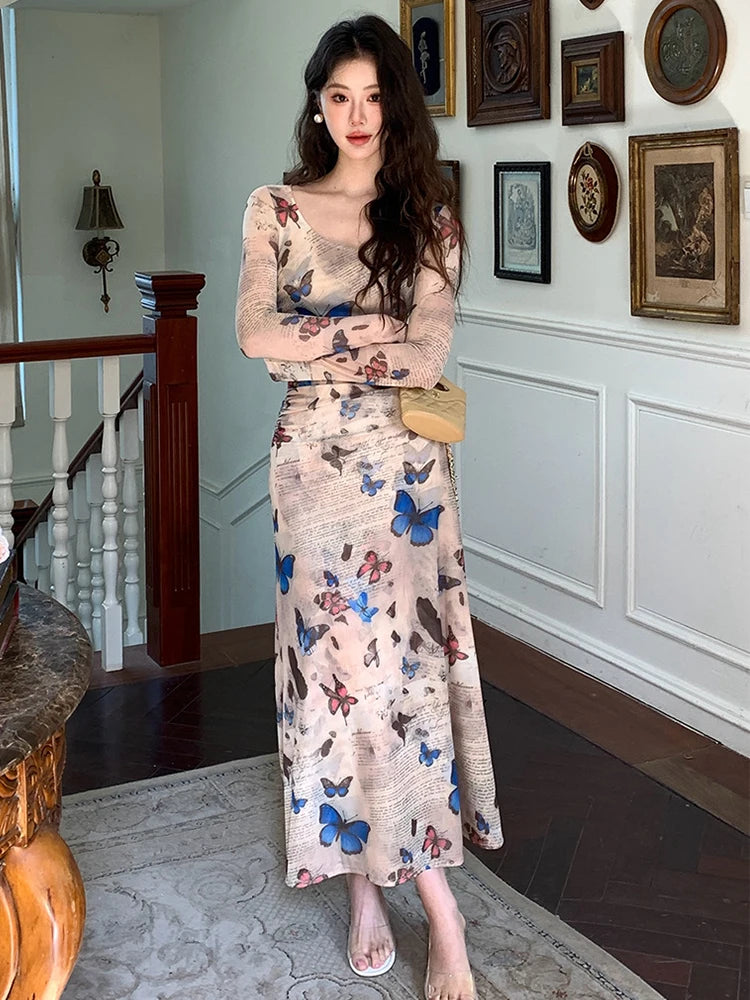 sachin and babi light blue dress Long Sleeve Belted Floral Print Elegant Holiday Bohemian Chiffon Maxi Dress main image 0
