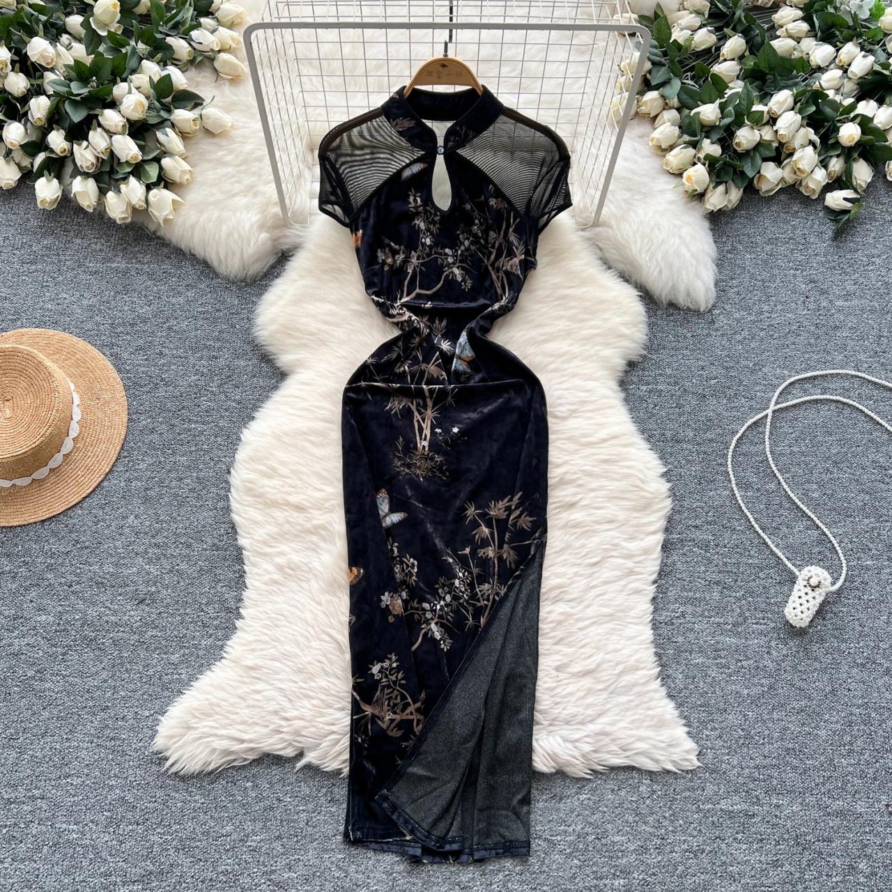 Floral Velvet High-neck Bodycon Dress With Slit