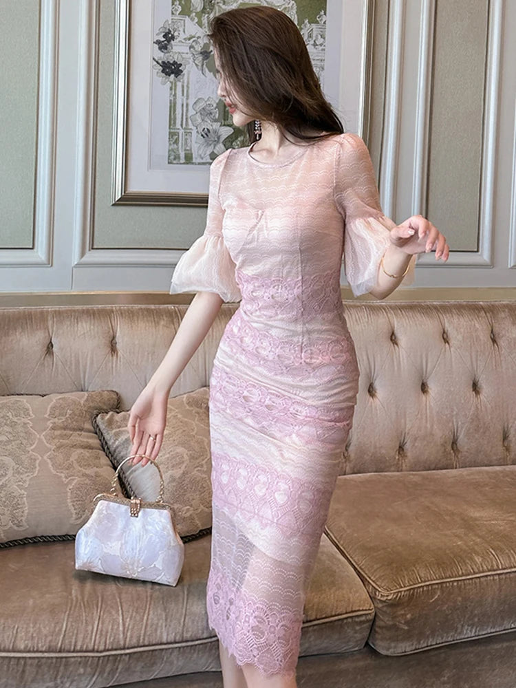 Lace Bodycon Dress with Sheer Bell Sleeves