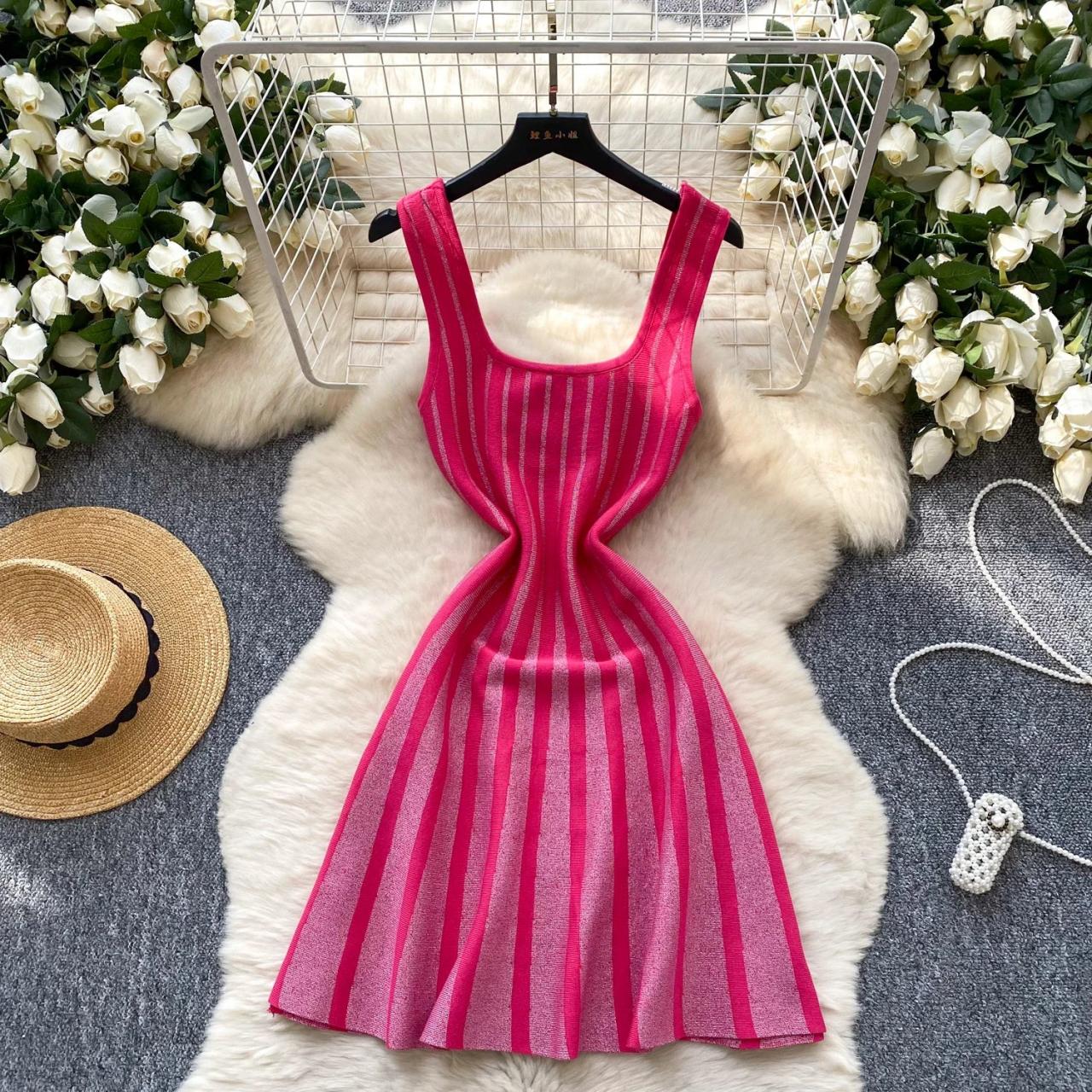 Pink Striped Sleeveless Knitted Summer Dress