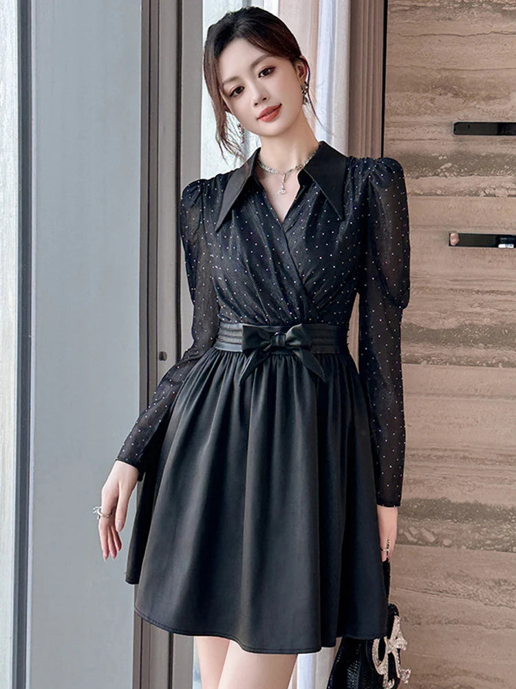 black polka dot chiffon dress Black Polka Dot Chiffon Dress - Illusion Neck Swing Midi | Xiaolizi 3465