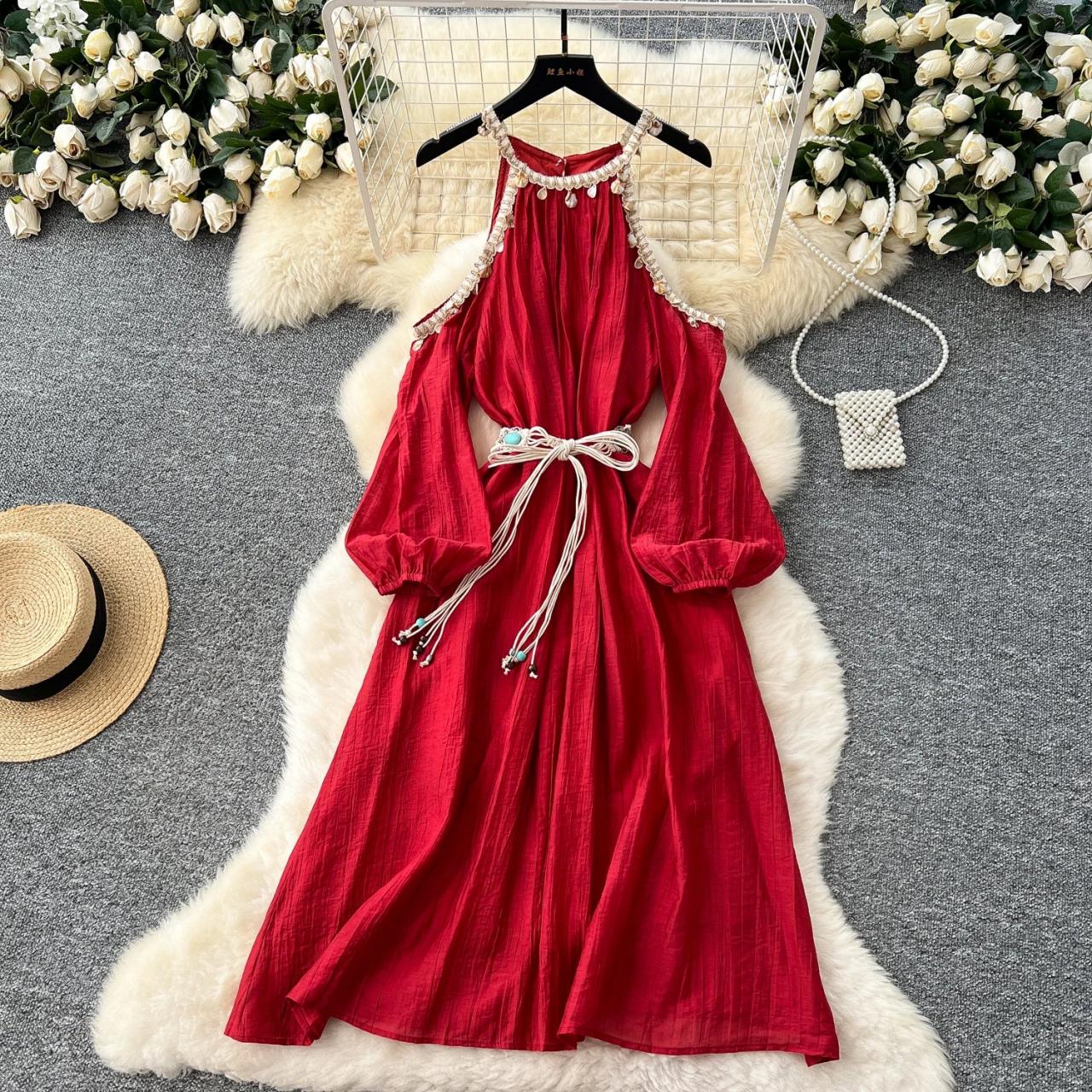 Red Halter Maxi Dress With Belted Waist on Luulla