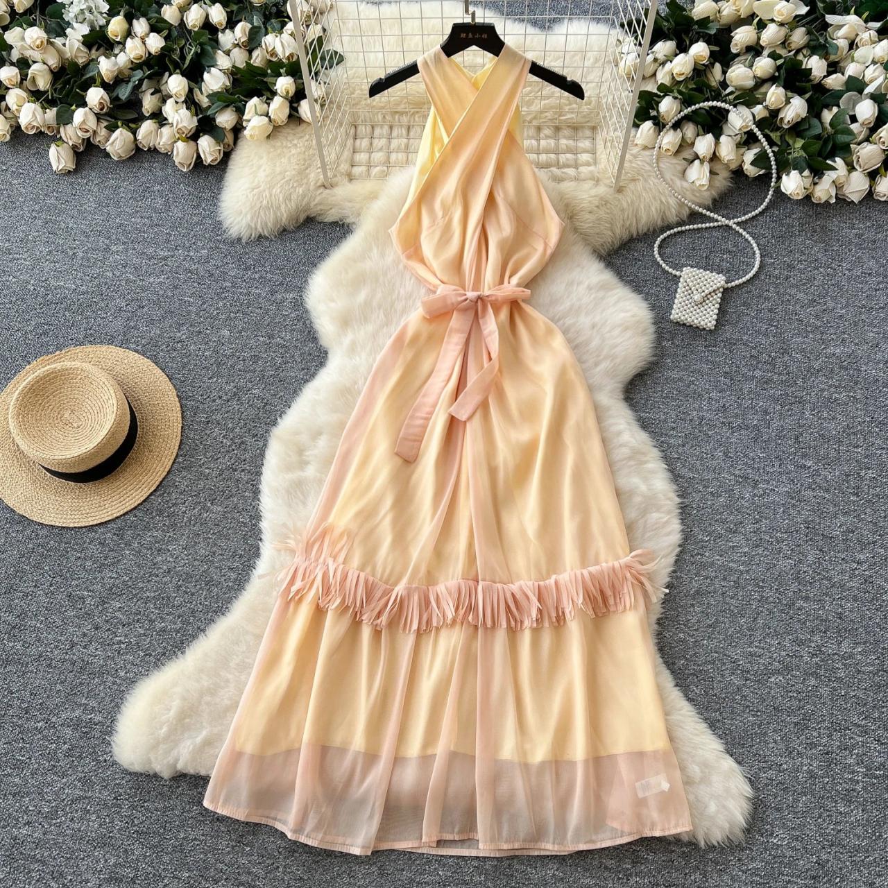 Halter Neck Peach Chiffon Gown with