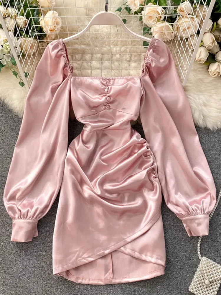 ruched puff sleeve satin mini dress Satin Puff Sleeve Ruched Mini Dress