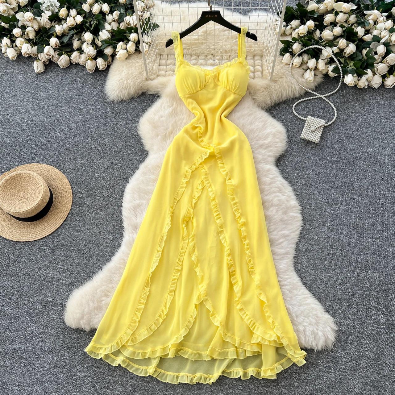 ladies yellow maxi dress Long Sleeve Embellished Neck neck solid color sleeveless long dress Features Butter Yellow Chiffon Maxi Dress