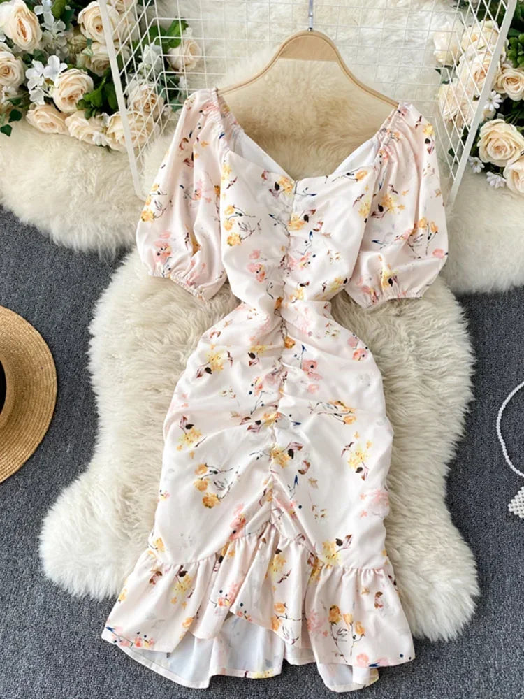 knee length dresses for ladies Cowl Neck Floral Ruched Midi Dress – Highly Praise main image 1