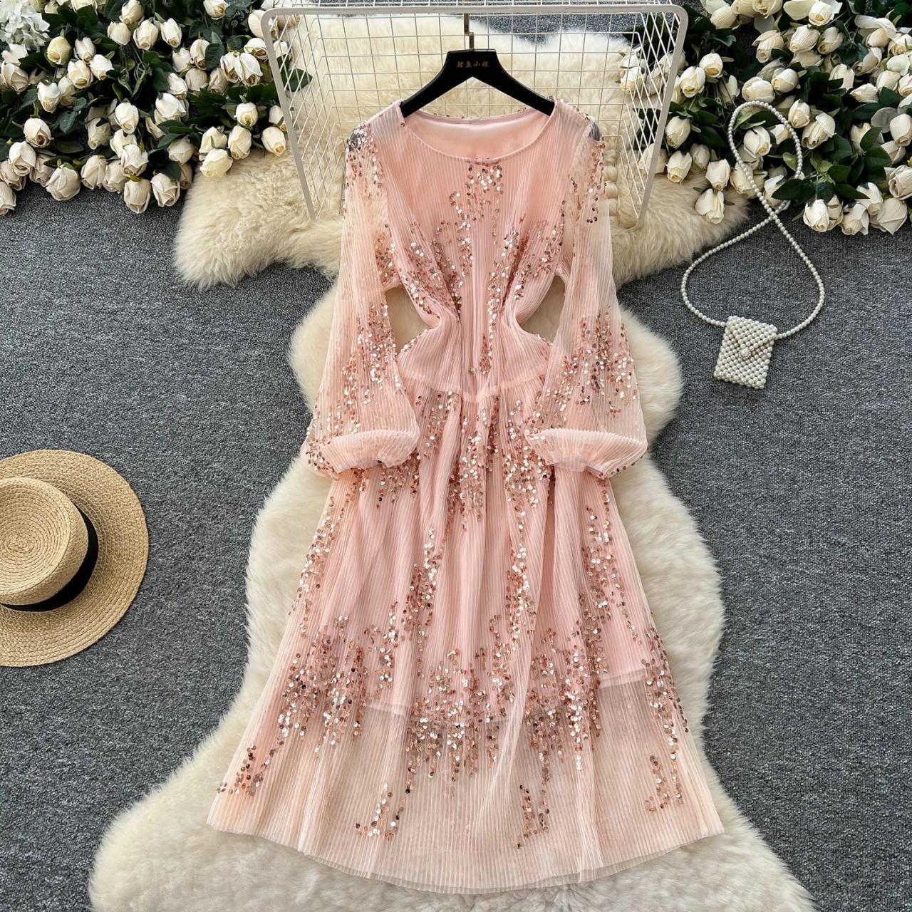 knee length dresses for ladies Dusty Pink Sequins Long Sleeve Sheer Back Mini Party Dress main image 0