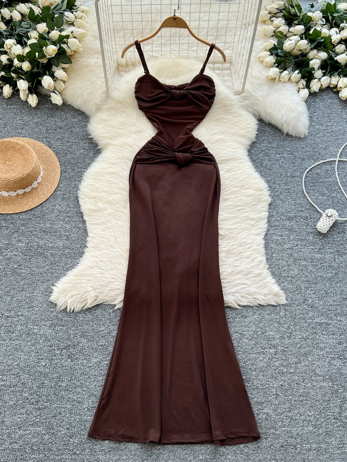 brown satin ruched dress Adrianna Papell One Shoulder Ruched Satin Gown