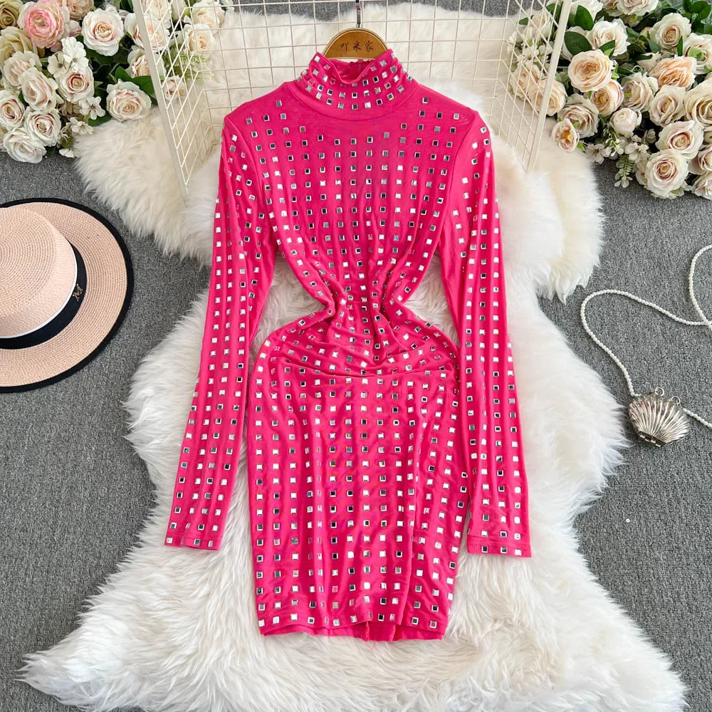 hot pink long sleeve bodycon dress ASHLEYlauren 4835 – Crepe V-Neck Mini Dress with Waist Bow main image 1
