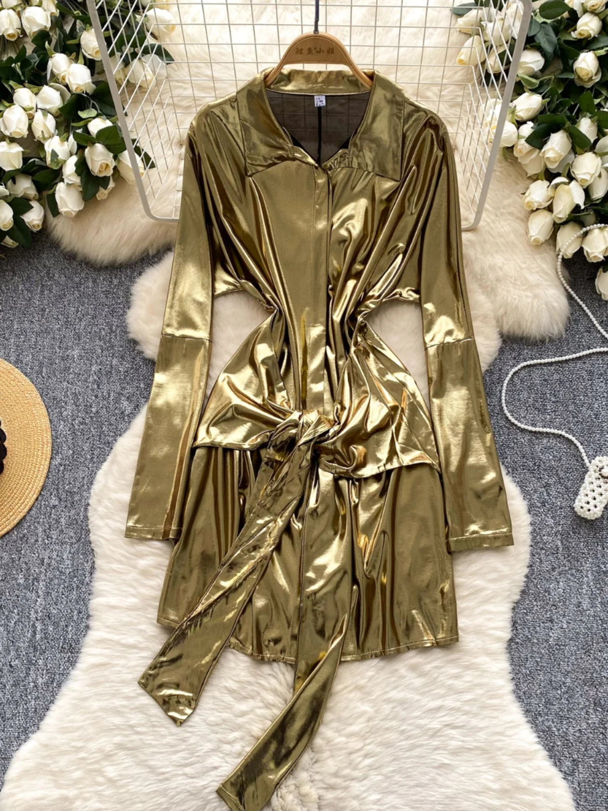 Shiny Gold Long Sleeve Belted Metallic Dress
