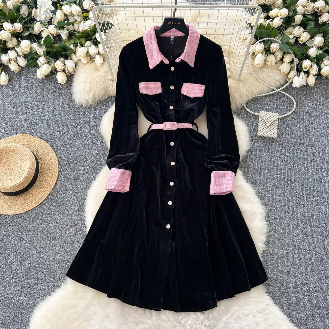 black dress with pink accents Gothic Black and Pink Velvet Evening Dress with V-Neck