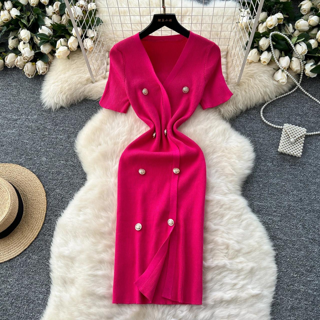 Double-breasted Pink Knit Dress With Pockets