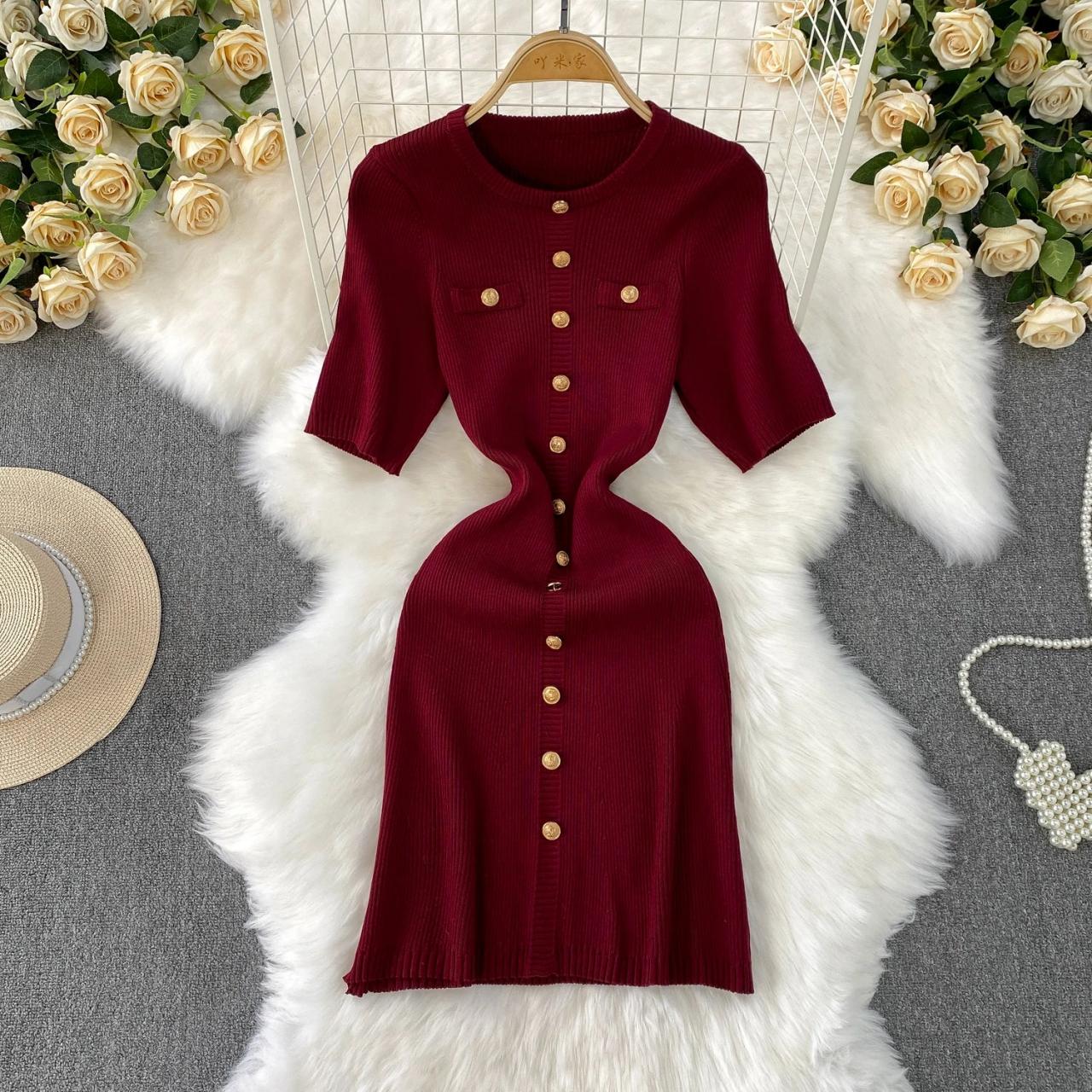 burgundy dress gold buttons Take My Heart Burgundy Gold Heart Button Long Sleeve Knitted Midi Dress