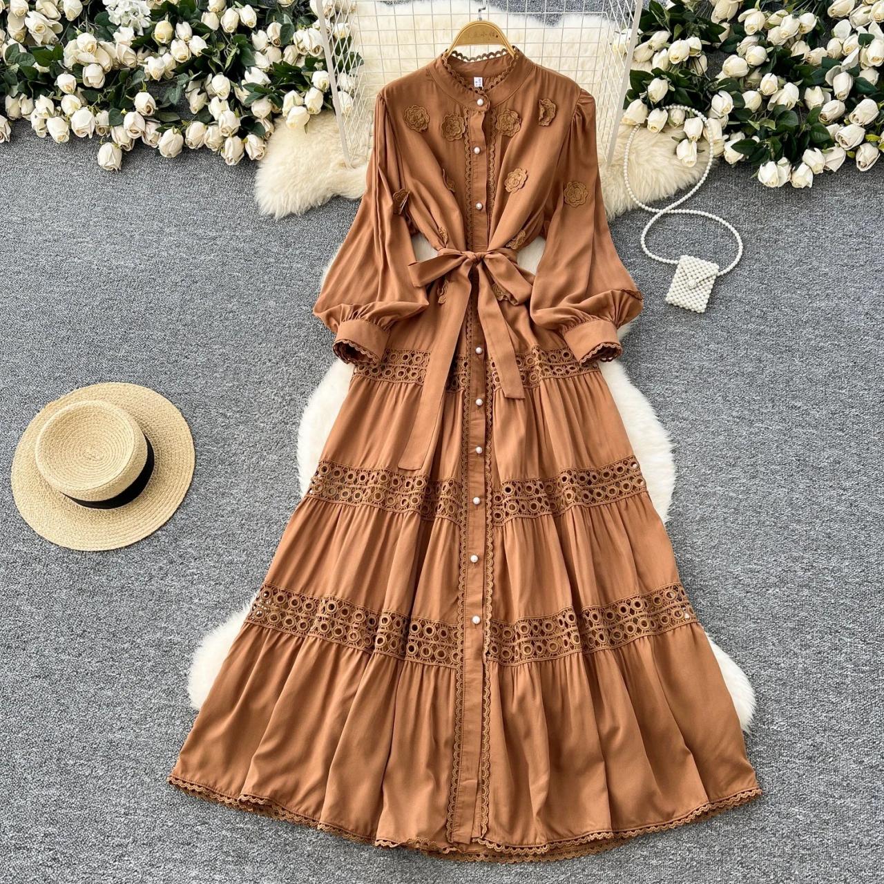 Bohemian Brown Maxi Dress With Lace Detailing