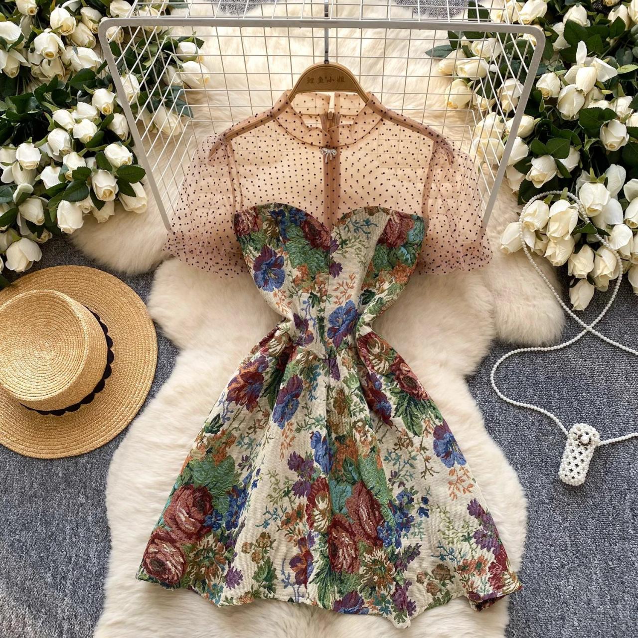Floral Mesh Overlay Dress With Sheer Sleeves