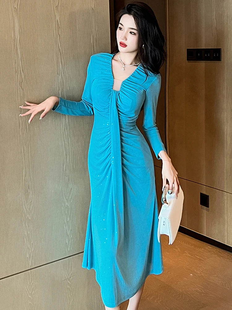 ruched front dress long sleeve Plus Solid Ruched Front Extra-Long Sleeves Chiffon Prom Dress