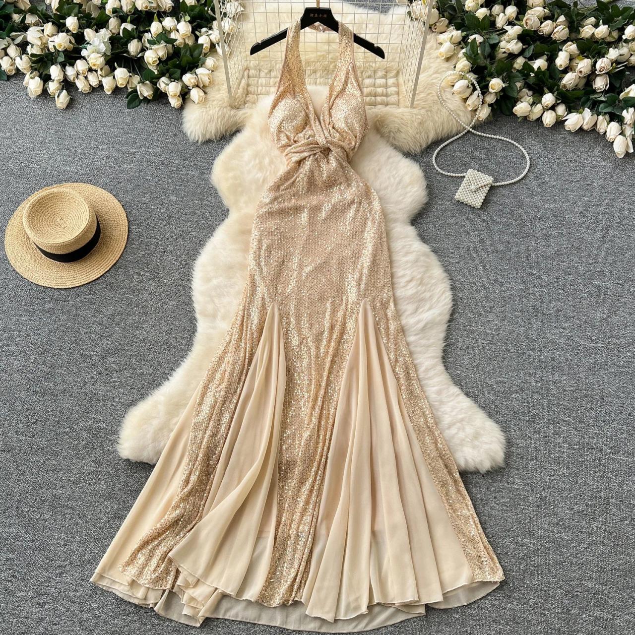 slim fit dress slacks Gold Soft Tie Halter Neck Sequin Gown